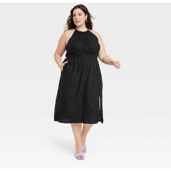 Ava & Viv Twist Front Halter Neck Midi Dress 2X Linen Blend Black Beach Resort - Picture 1 of 12